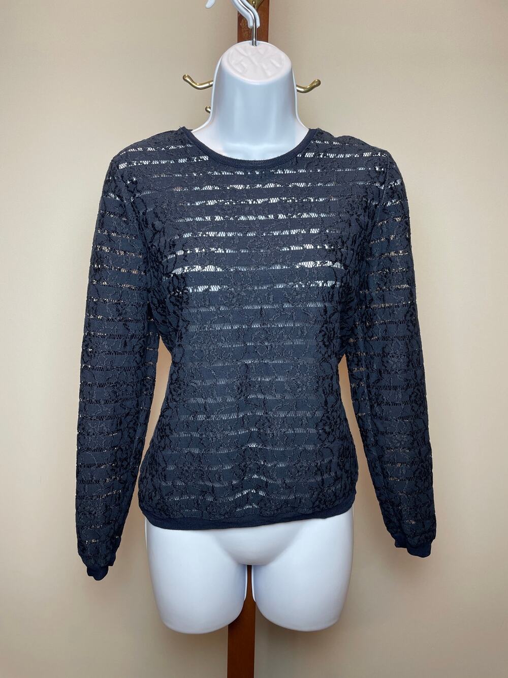 Ann Taylor Sheer Top Lace Long Sleeve Size S Cotton Navy